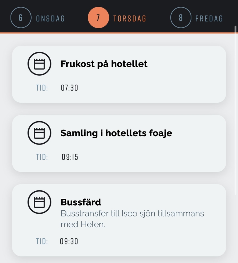 Skärmbild på applikation för eventapp